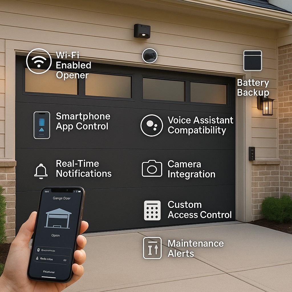 New smart garage door with app control, camera, and voice assistant features.