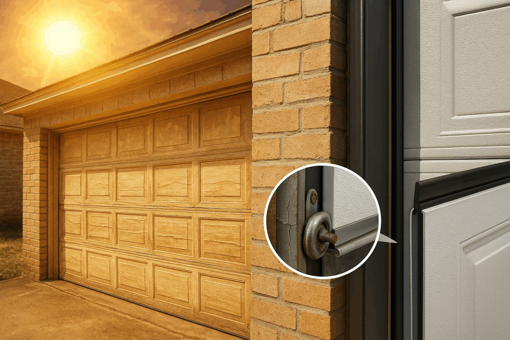 Sun-damaged garage door with cracked panel and worn hardware, showing need for professional garage door repairs.