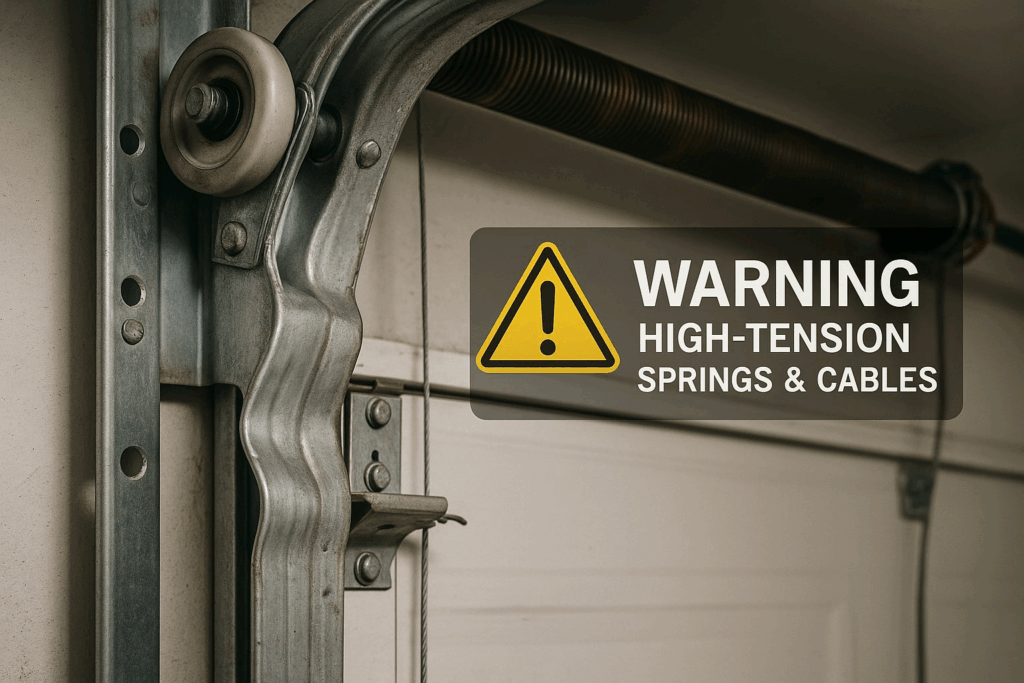 Close-up of a garage door track, roller, and high-tension spring with a warning sign that reads “Warning: High-Tension Springs & Cables.”