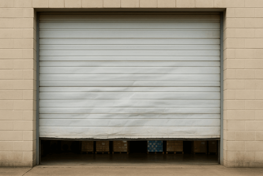 Old dented door with worn bottom seal awaiting commercial garage door repair.