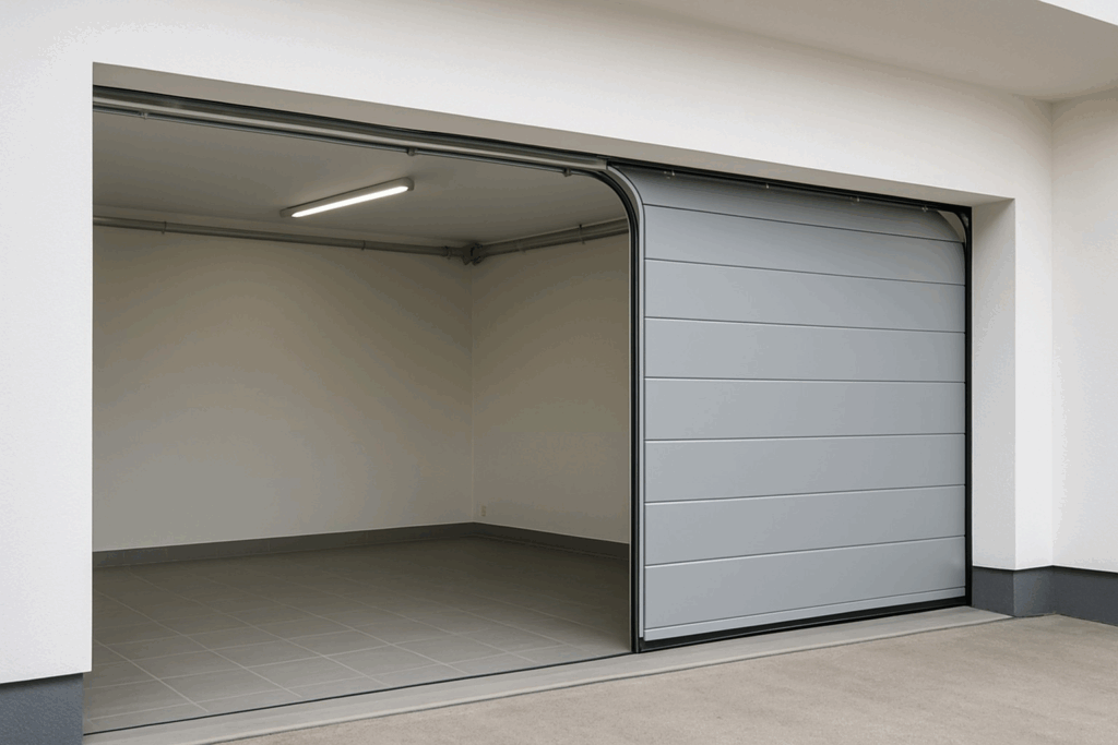 Modern side-sliding garage doors opening smoothly in contemporary home.