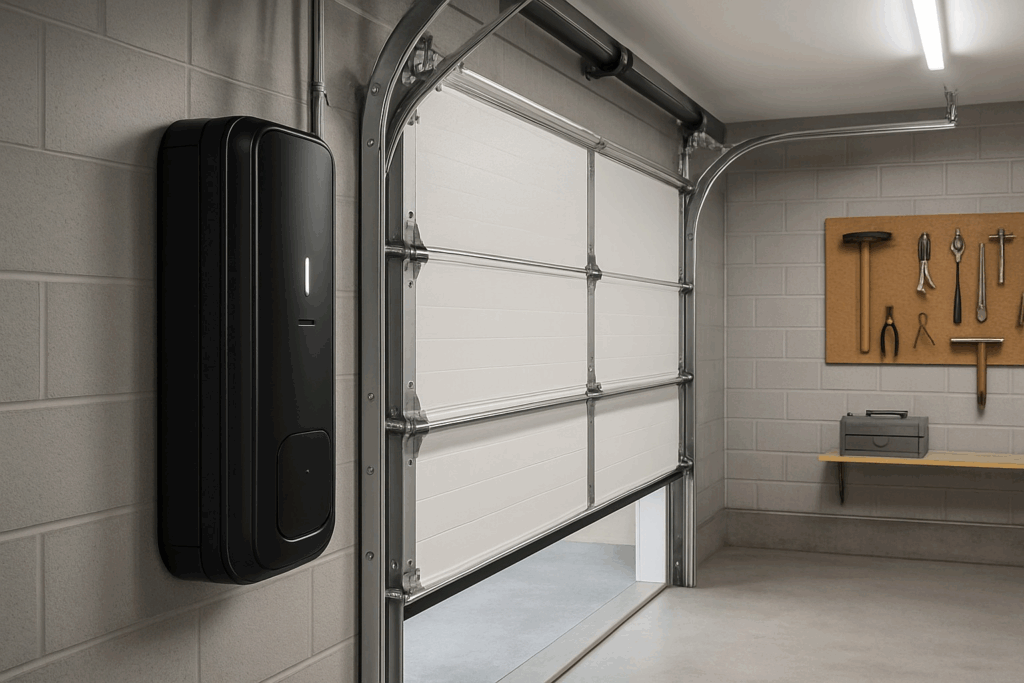 Modern garage doors with advanced wall-mounted opener in organized home garage.