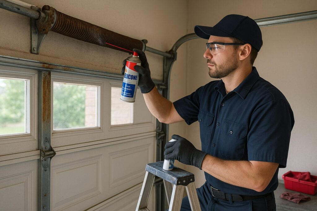 Technician performing garage door maintenance by applying silicone lubricant to torsion springs for smoother operation.