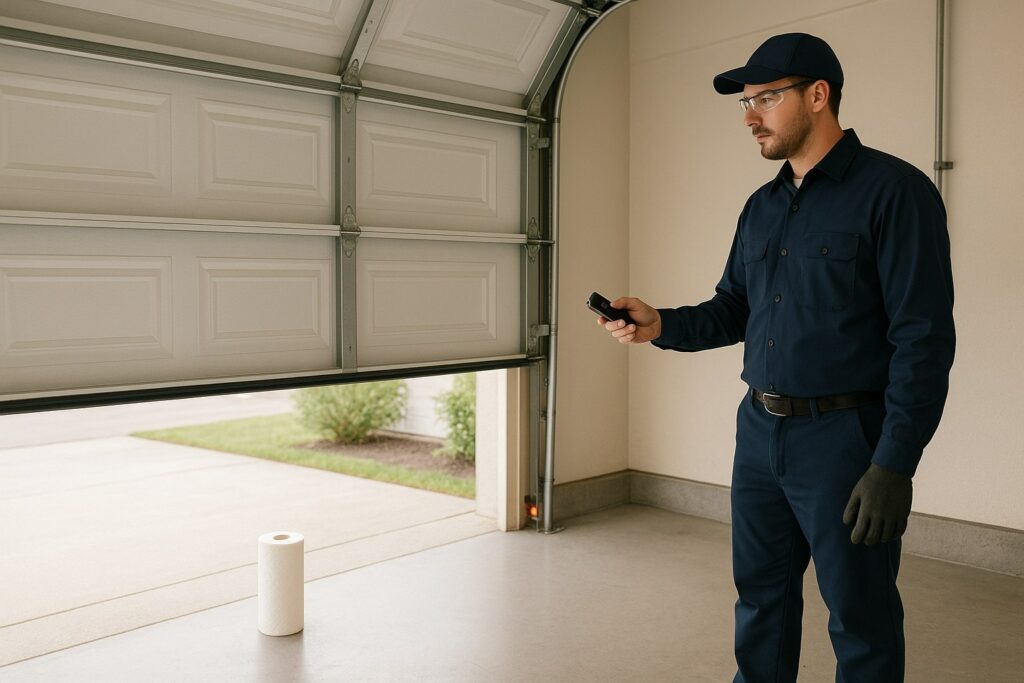 A technician tests automatic garage doors by using a remote while an object blocks the safety sensor.