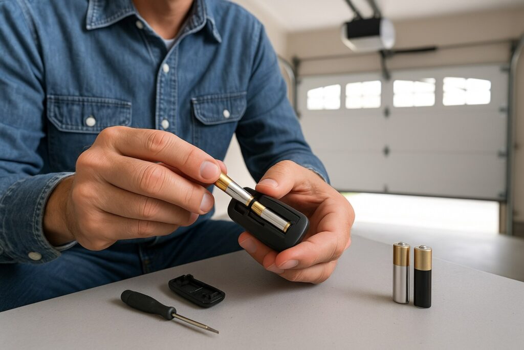 A person replaces the batteries in a garage door remote using fresh AA batteries and a small screwdriver.