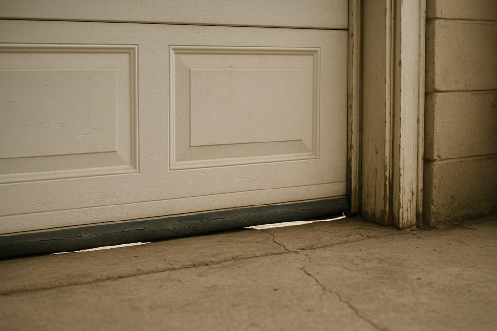 Garage door repair close up of a worn bottom seal with visible gaps under the door.